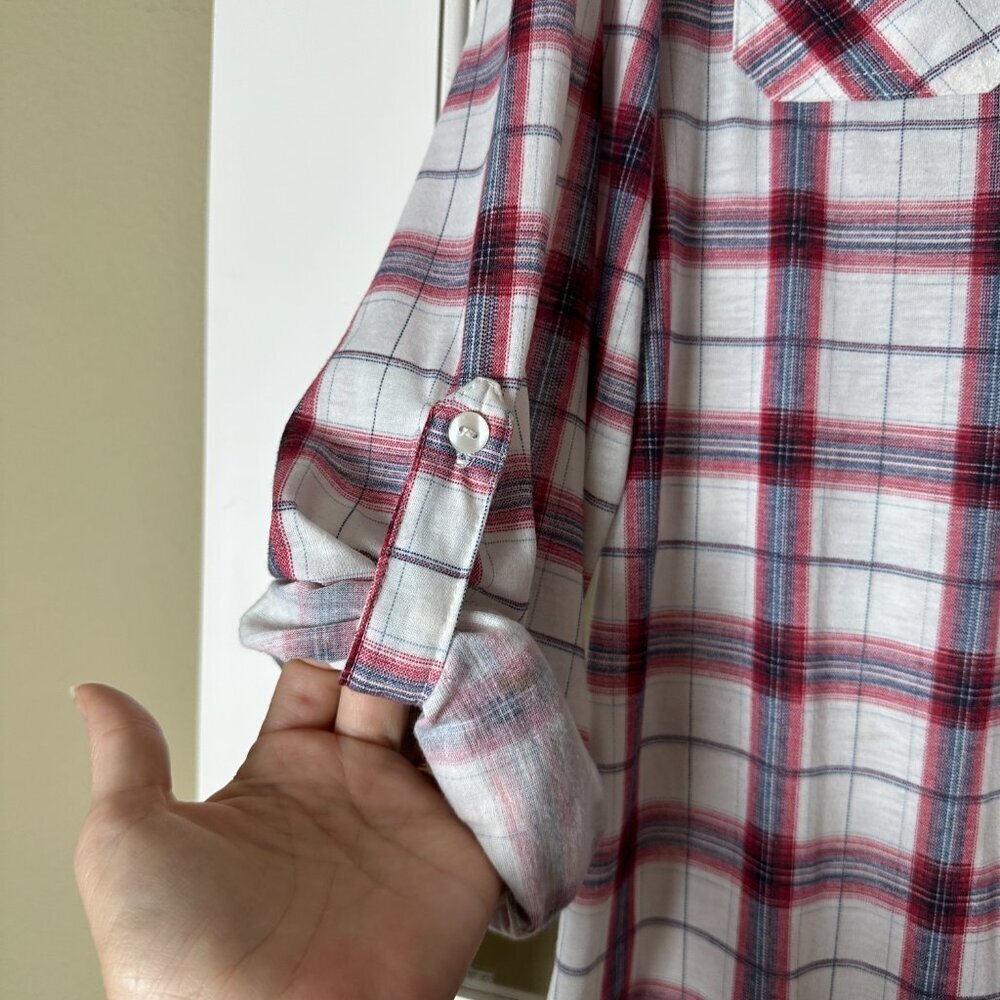 VICI Boutique Passport Plaid Roll Sleeve Button Down Shirt Top Blouse Size XL - Picture 4 of 7